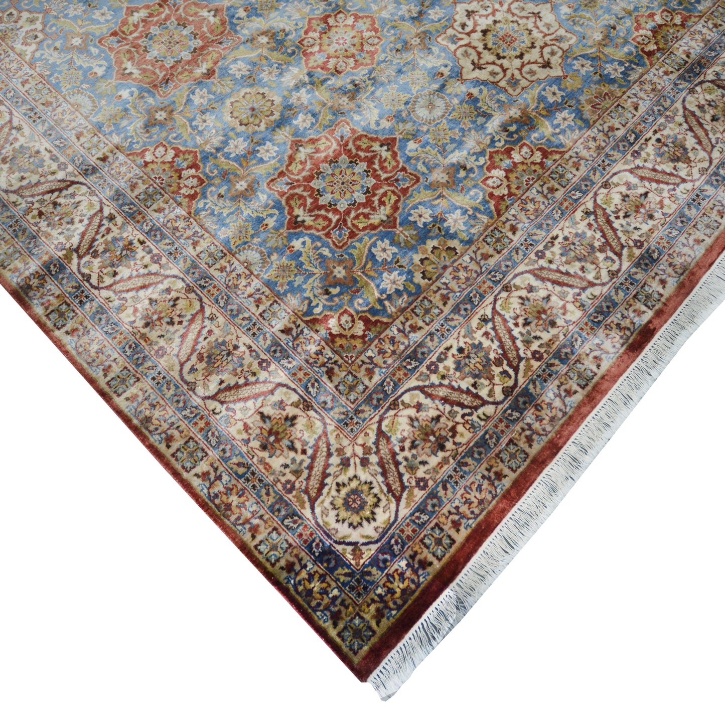 Garden Blue, Ivory and Red Traditional Samarkand Pure Wool Luxury Handknotted Area Rug