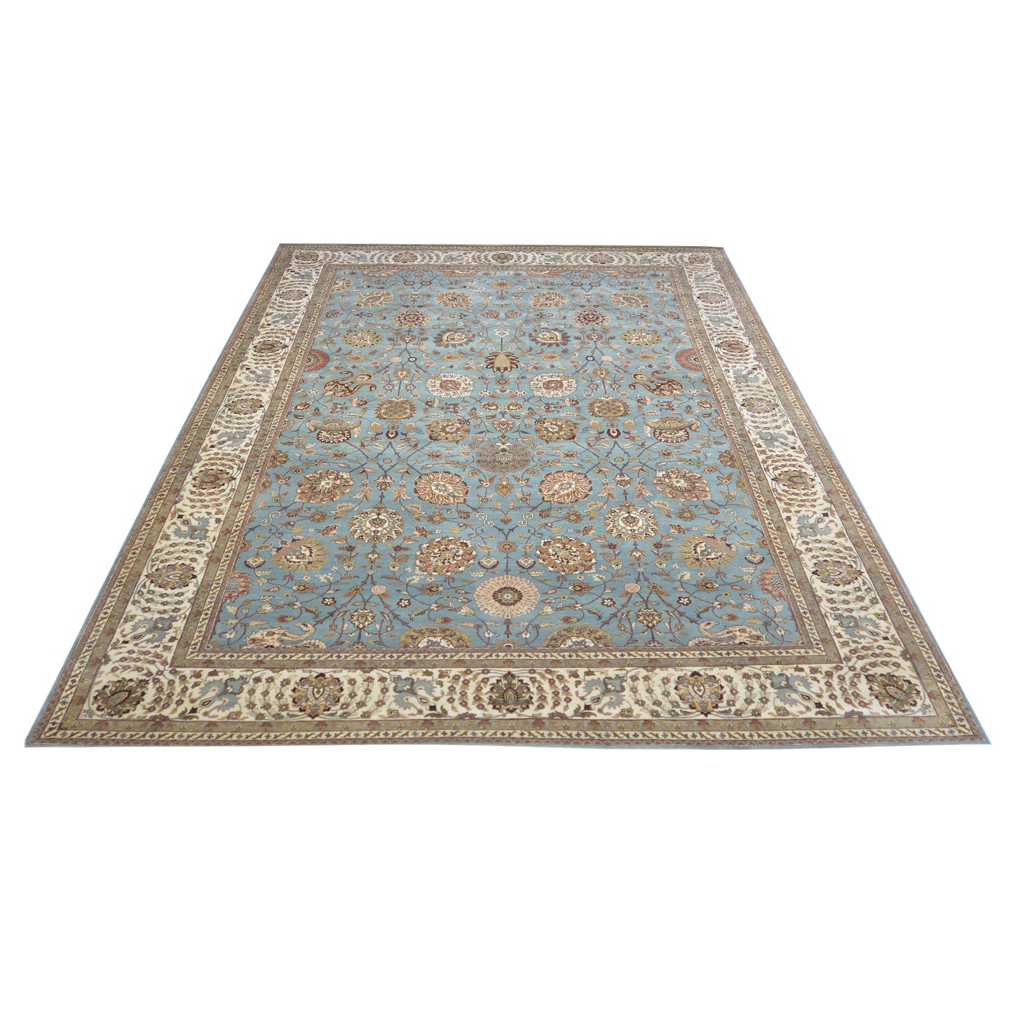 Blue and Ivory Pure Wool Traditional Samarkand Handknotted Area Rug