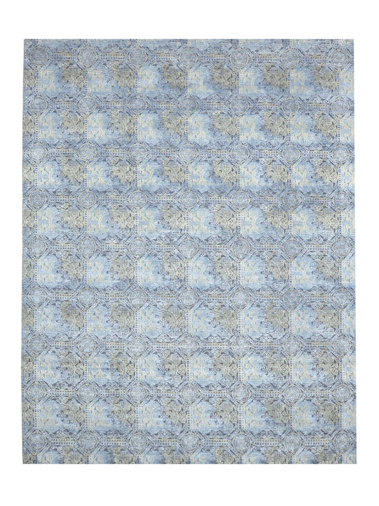 Blue, Grey Silk and Wool Distressed Geometrical Handknotted Area Rug 8.11x12ft 273x365Cms