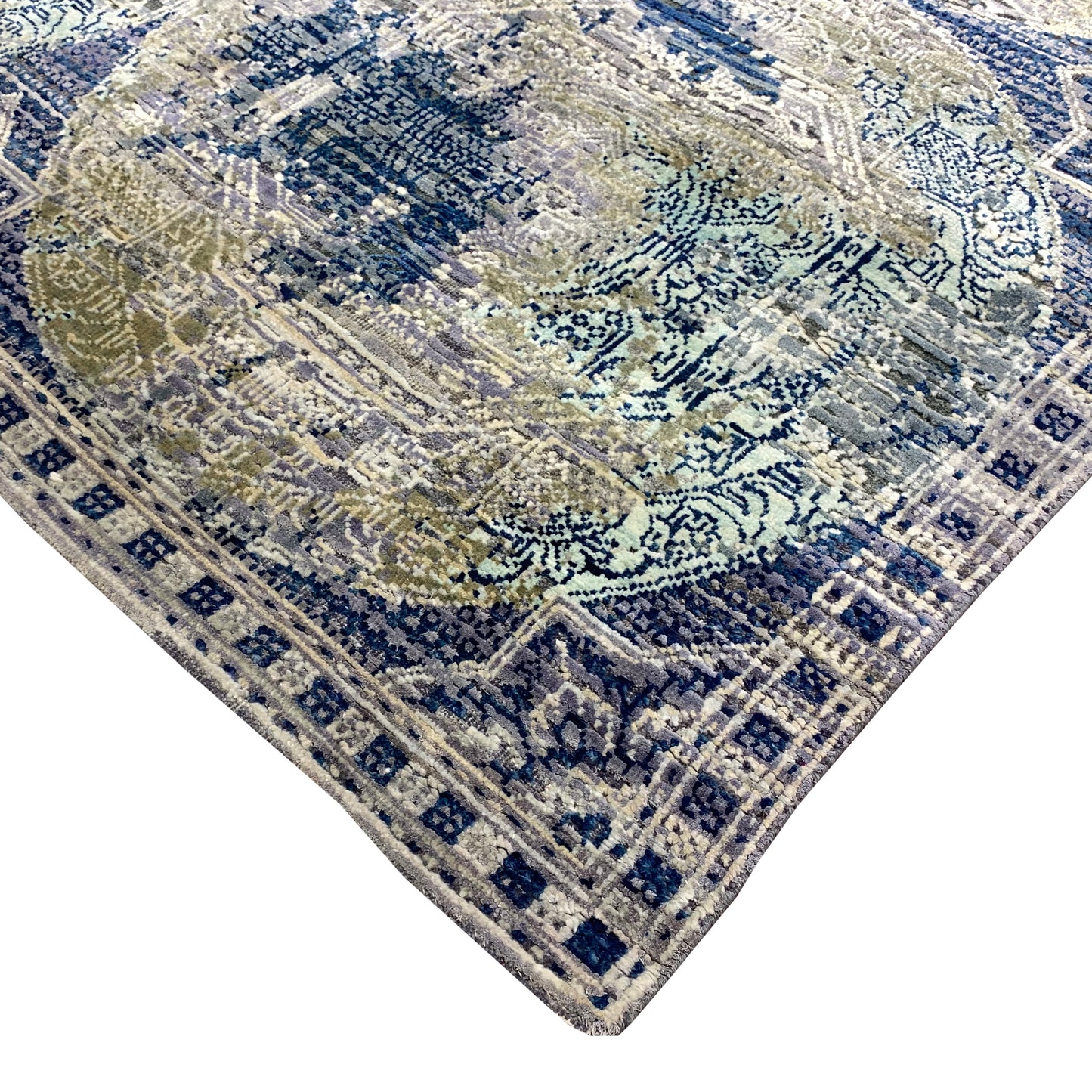 Blue and Multi Silk and Wool Modern Handknotted Area Rug