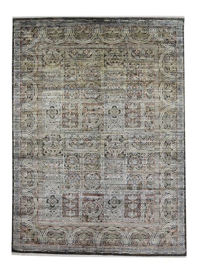 Brown, Ivory Pure Silk Transitional Handknotted Area Rug 8.10x12.1ft 268x368Cms