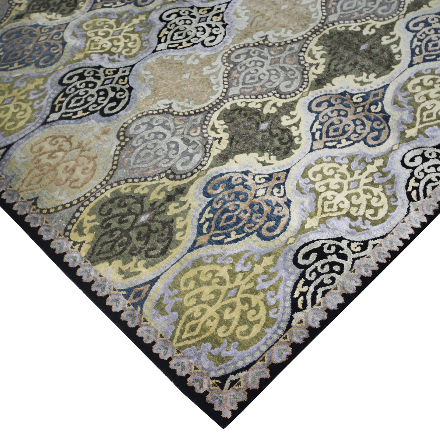 Wazir Ivory, Black, Green and Blue Transitional Damask Handknotted Area Rug