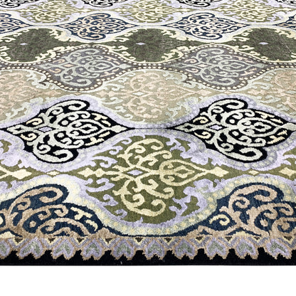 Wazir Ivory, Black, Green and Blue Transitional Damask Handknotted Area Rug