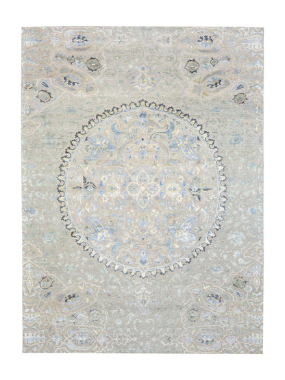 Blue, Ivory Viscose and Wool Transitional Handknotted Area Rug 8.9x12.2ft 267x370Cms