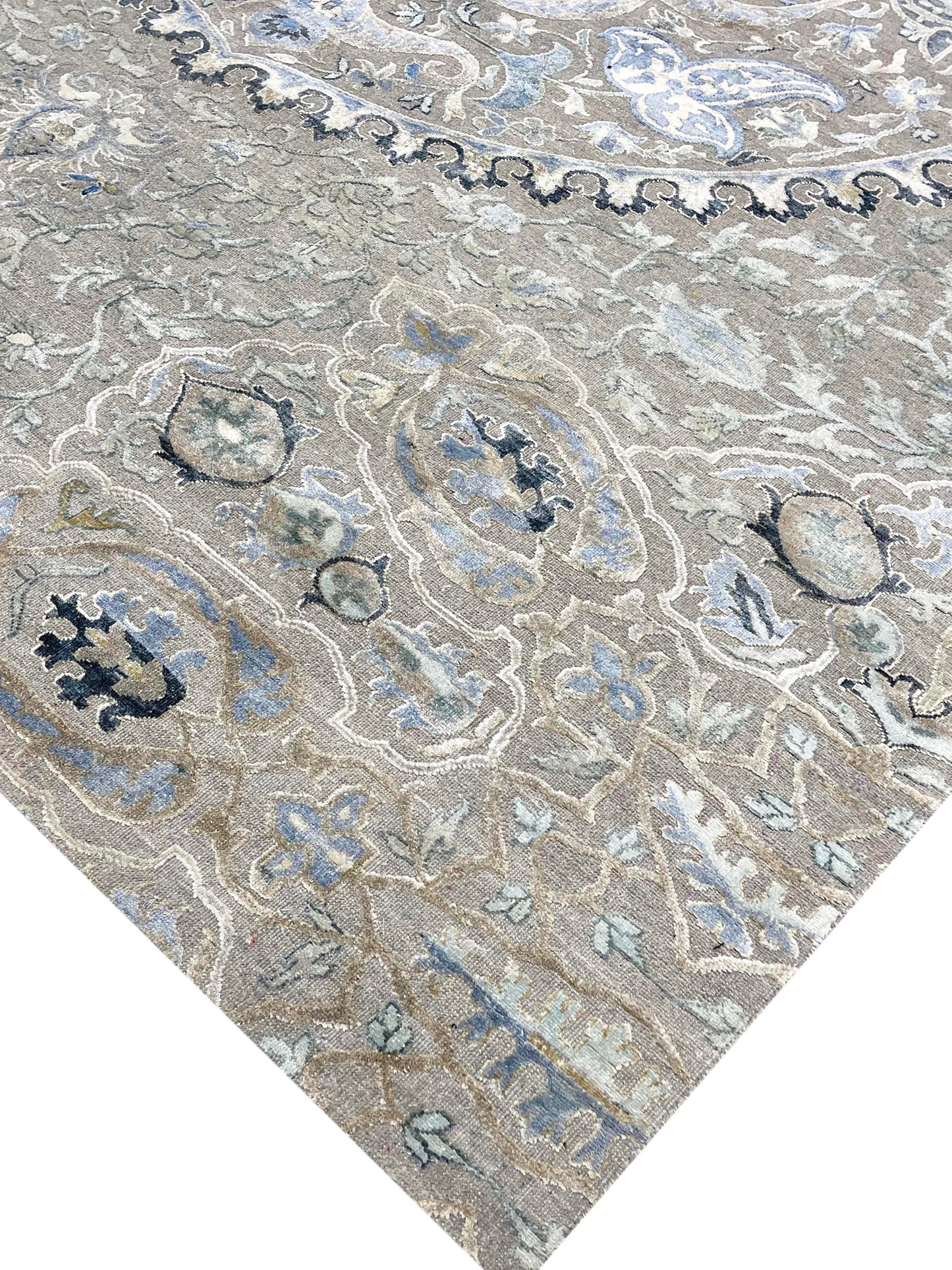 Blue, Ivory Viscose and Wool Transitional Handknotted Area Rug 8.9x12.2ft 267x370Cms