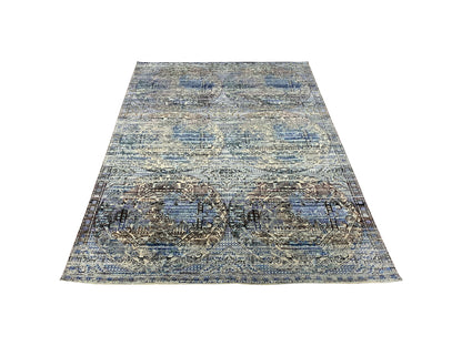 Blue Multi Silk, Wool Modern Area Rug 4.10x7.0ft 148x214Cms