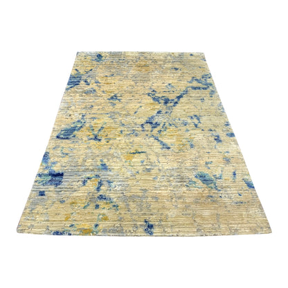 Camel, Ivory and Blue Silk and Wool Modern Handknotted Area Rug