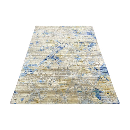 Camel, Ivory and Blue Silk and Wool Modern Handknotted Area Rug