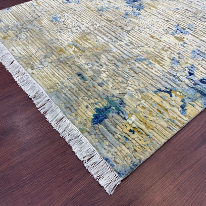 Camel, Ivory and Blue Silk and Wool Modern Handknotted Area Rug