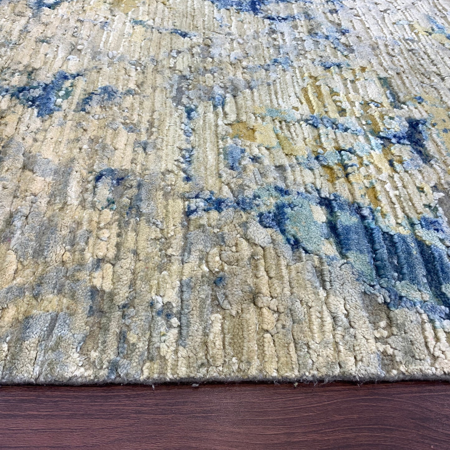 Camel, Ivory and Blue Silk and Wool Modern Handknotted Area Rug