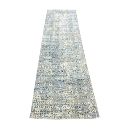 Grey, Ivory and Blue Silk and Wool Modern Textured Handknotted Runner Rug