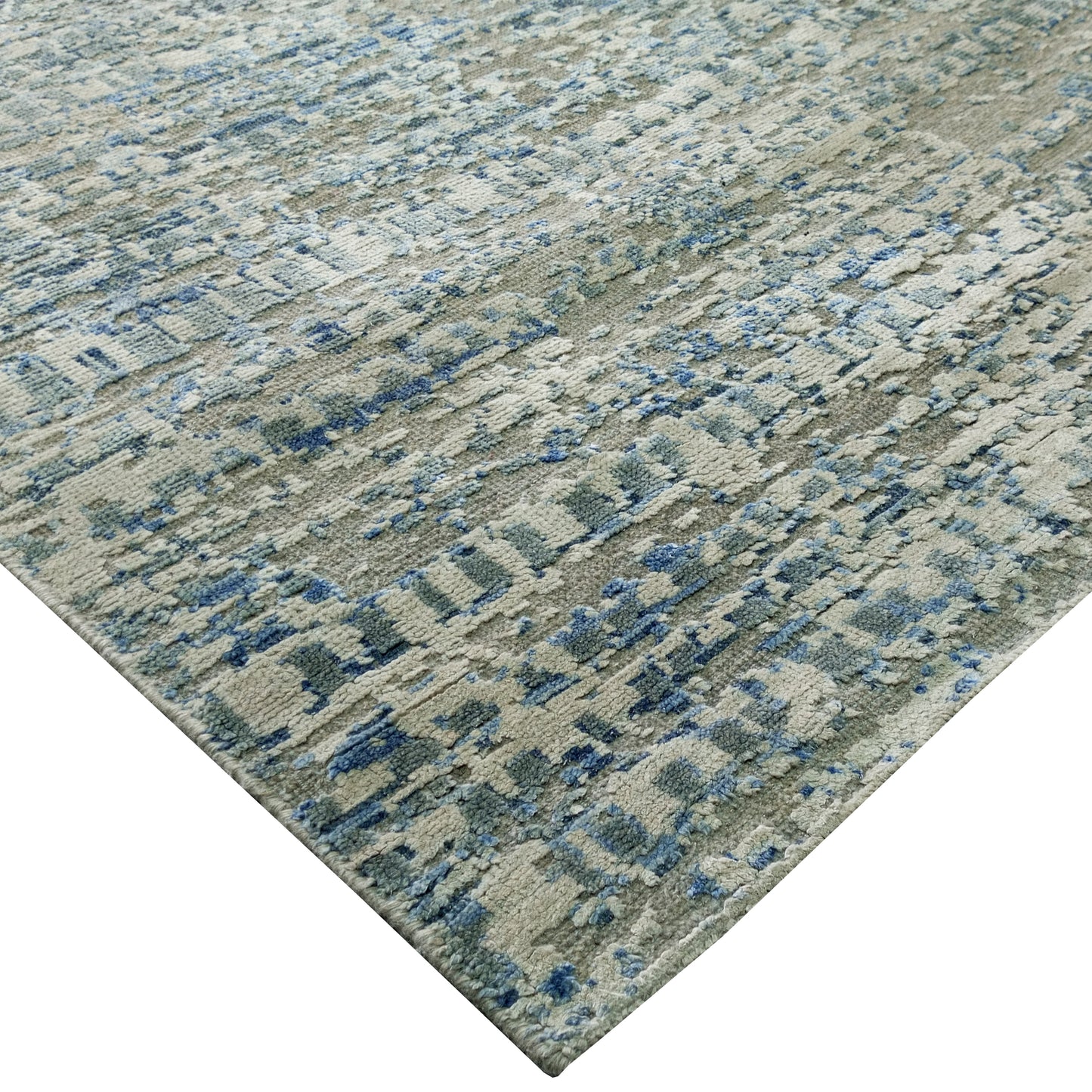 Grey, Ivory and Blue Silk and Wool Modern Textured Handknotted Runner Rug