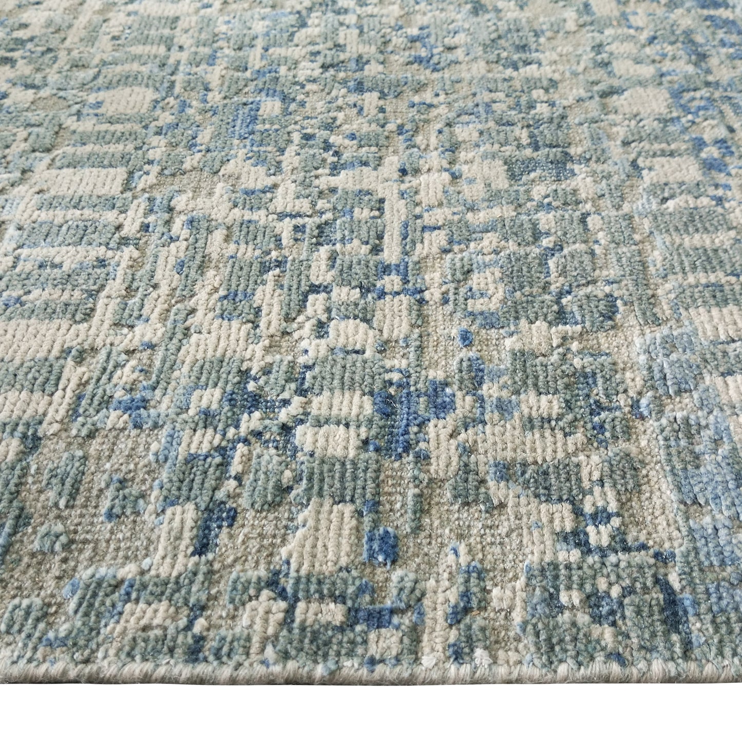 Grey, Ivory and Blue Silk and Wool Modern Textured Handknotted Runner Rug