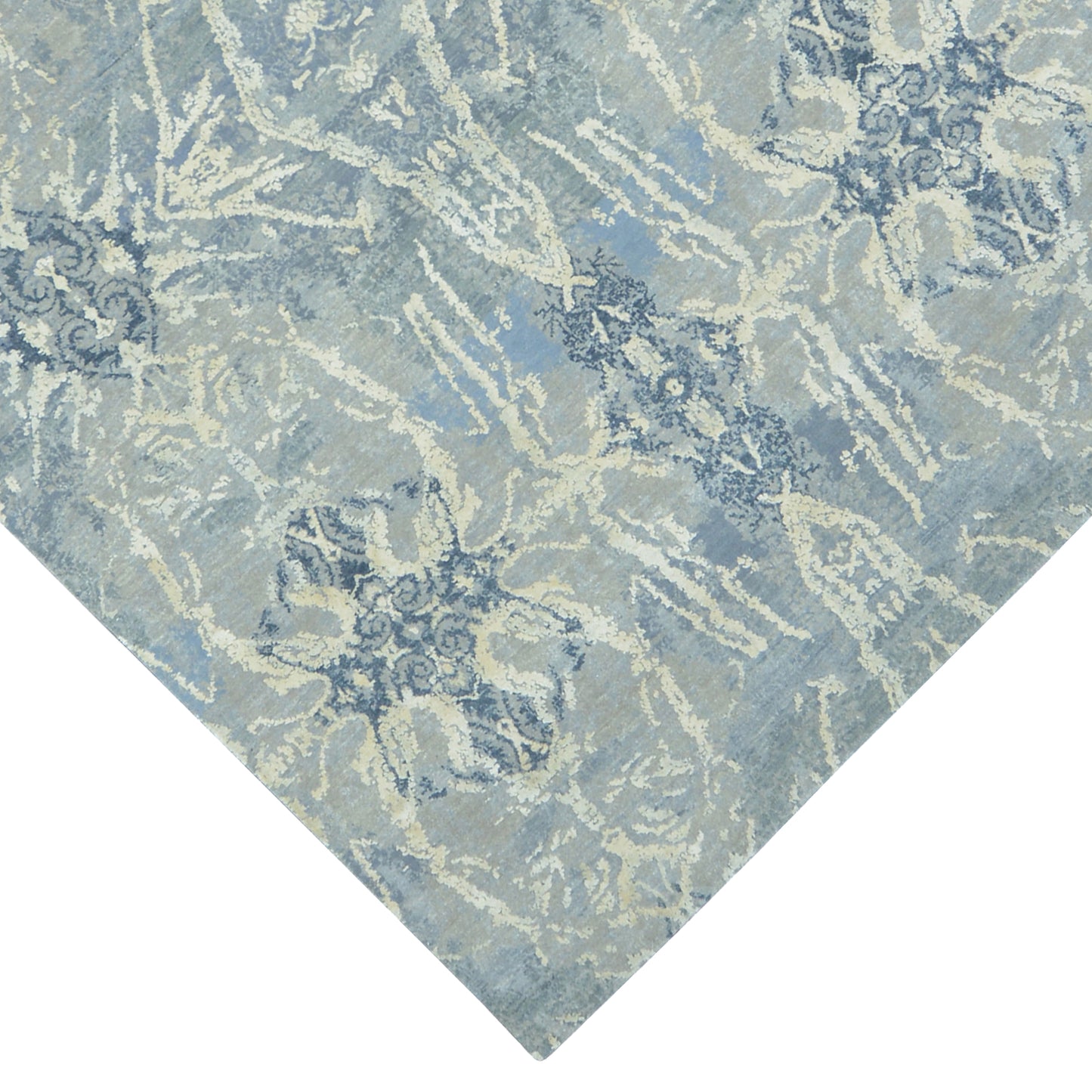 Ivory, Grey and Blue Silk and Wool Modern Abstract Handknotted Area Rug