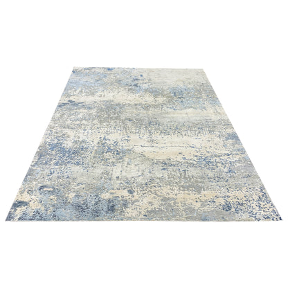 Ivory Grey and Blue Silk and Wool Modern Textured Handknotted Area Rug