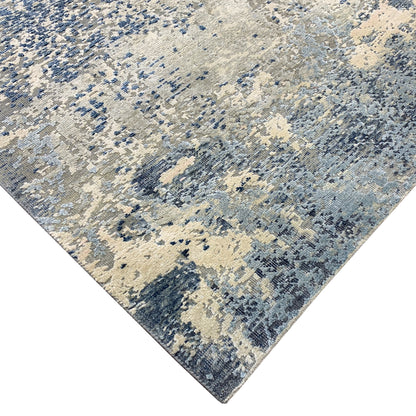 Ivory Grey and Blue Silk and Wool Modern Textured Handknotted Area Rug