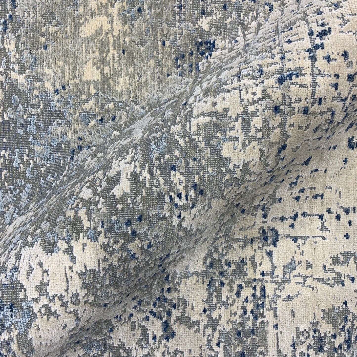 Ivory Grey and Blue Silk and Wool Modern Textured Handknotted Area Rug