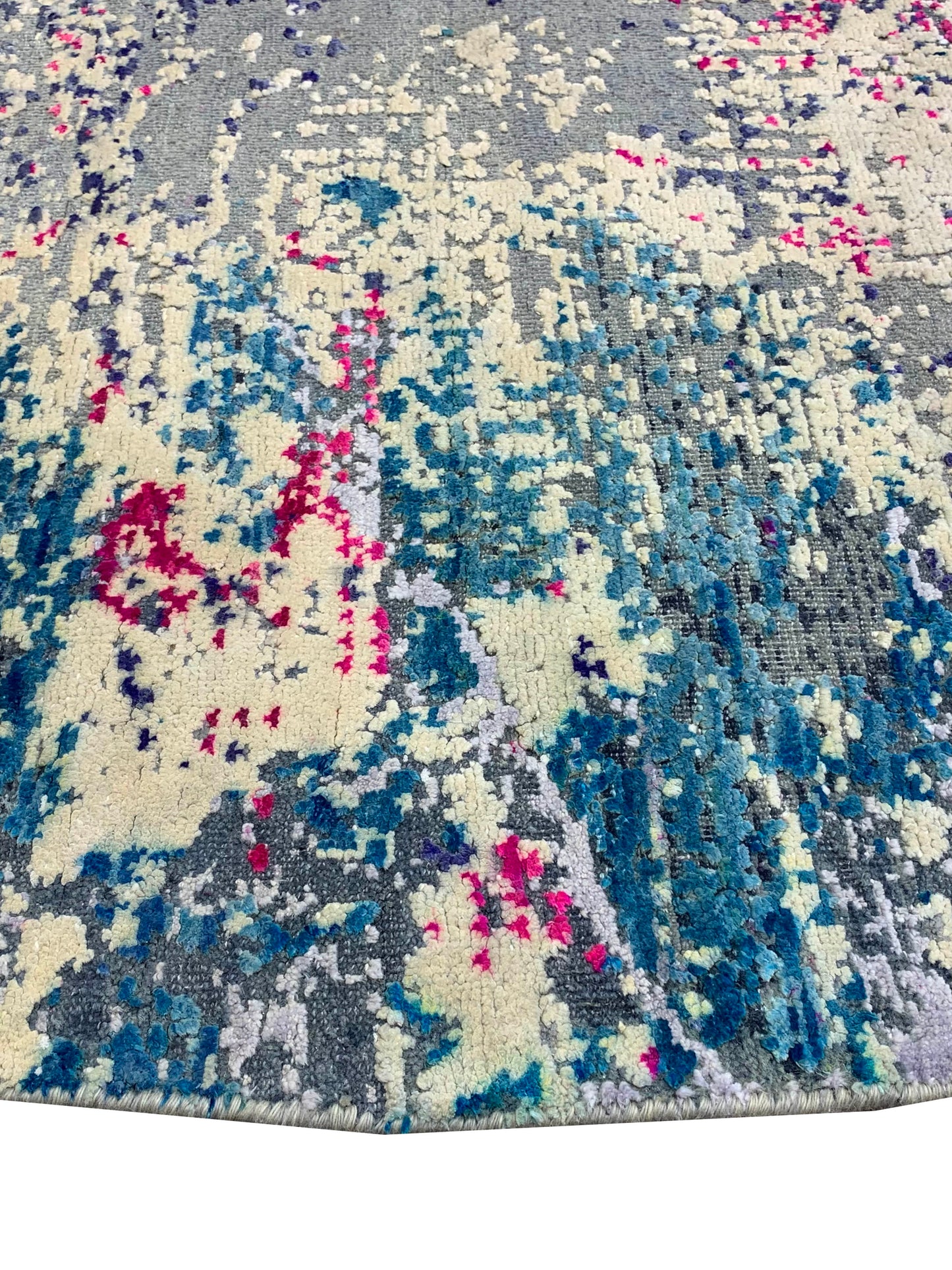 Blue, Ivory, Grey, and Pink Sari Silk and Wool Modern Handknotted Rond Rug