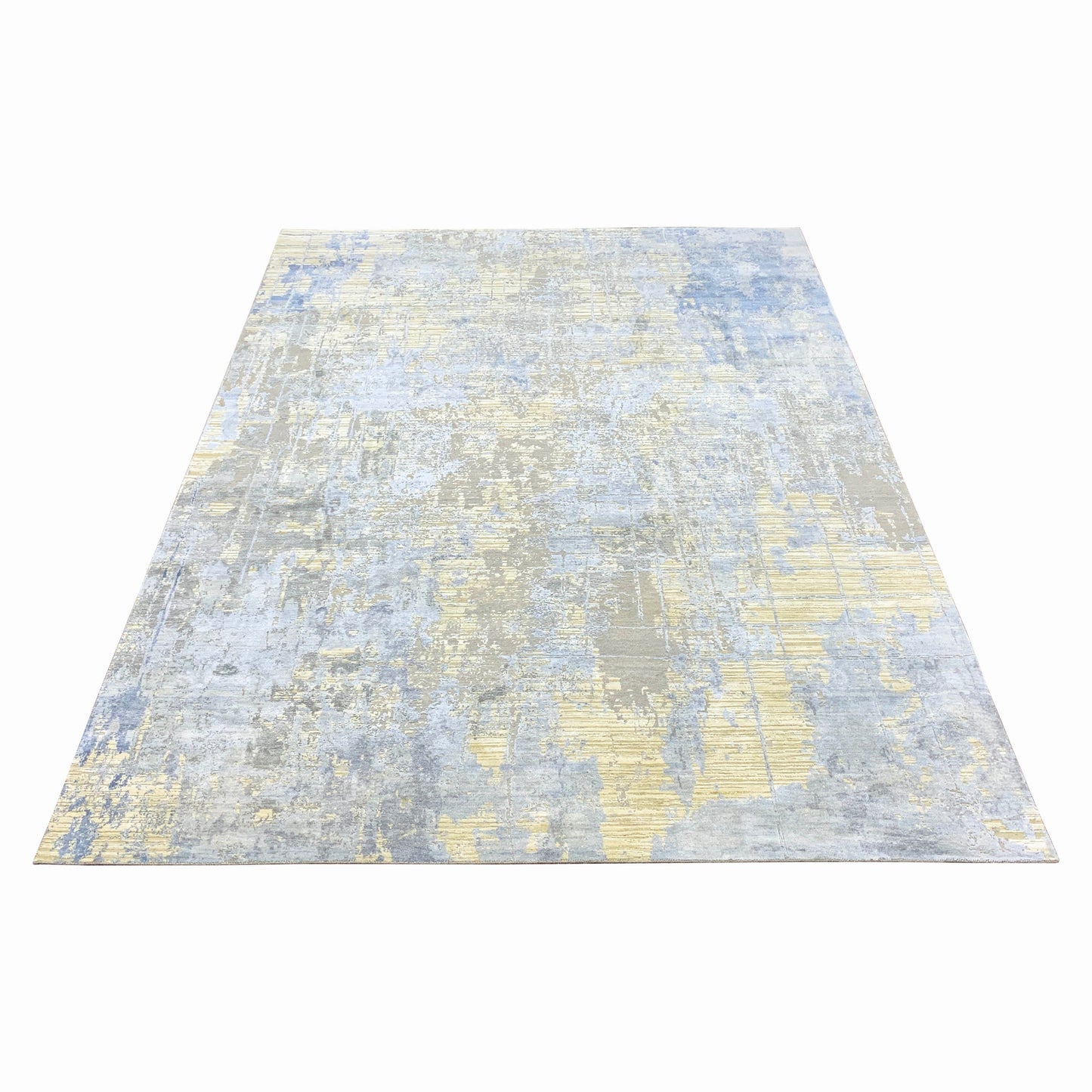 Beige, Grey and Blue Silk and Wool Modern Abstract Handknotted Area Rug