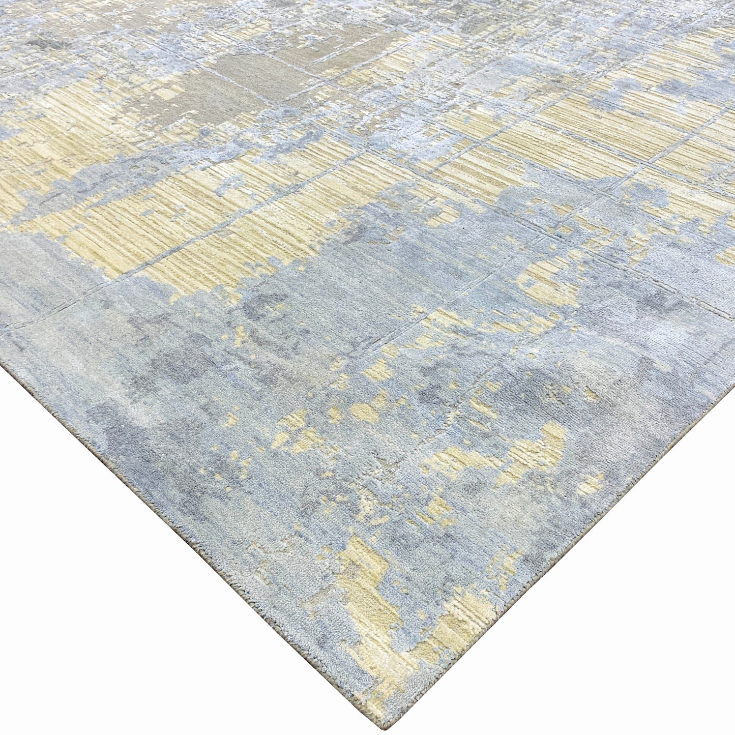 Beige, Grey and Blue Silk and Wool Modern Abstract Handknotted Area Rug