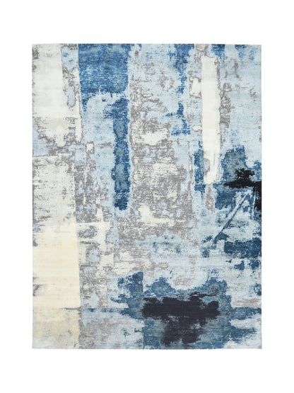 Grey, Blue and Beige Silk and Wool Modern Abstract Handknotted Area Rug