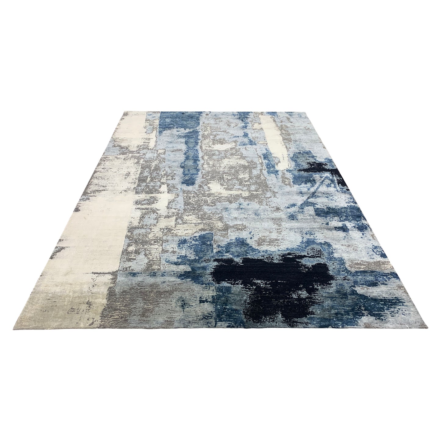 Grey, Blue and Beige Silk and Wool Modern Abstract Handknotted Area Rug