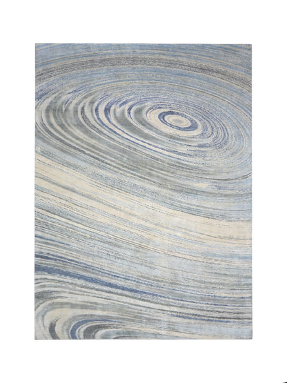 Grey and Blue Silk and Wool Modern Abstract Handknotted Area Rug