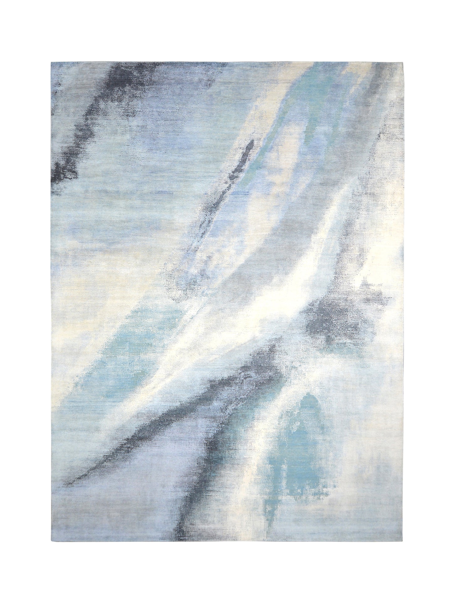 Grey and Blue Silk and Wool Modern Abstract Handknotted Area Rug