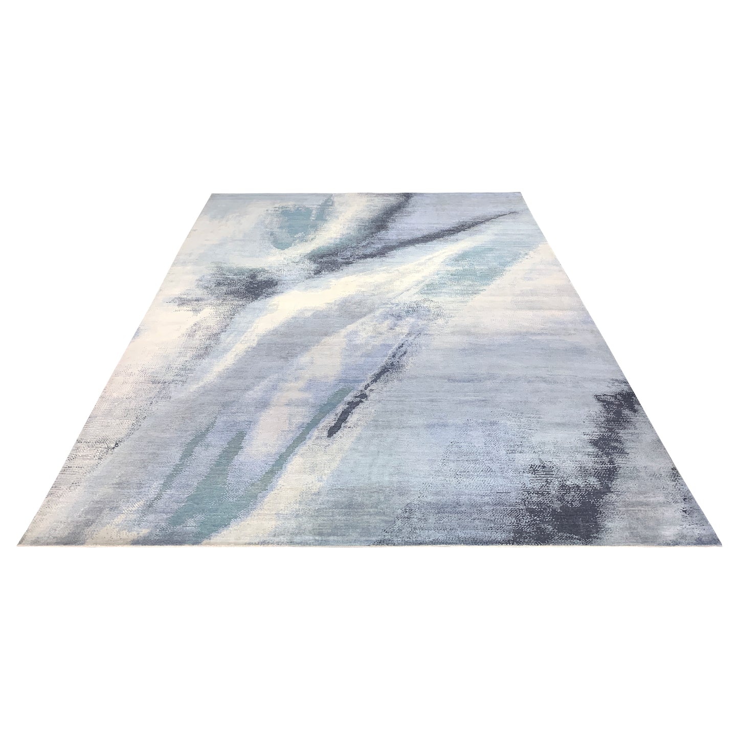 Grey and Blue Silk and Wool Modern Abstract Handknotted Area Rug