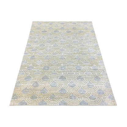 Beige and Blue Silk Wool Modern Pattern Handknotted Area Rug