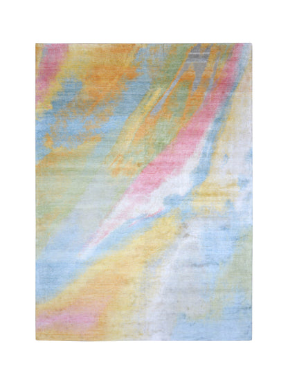 Gold, Aqua Blue and Multy Lucid Art Inspired Blended Silk Modern Handknotted Area Rug