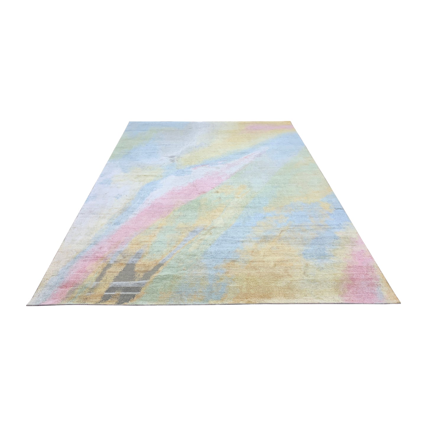 Gold, Aqua Blue and Multy Lucid Art Inspired Blended Silk Modern Handknotted Area Rug