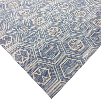 Blue and Grey Pure Wool Modern Textured Handknotted Area Rug