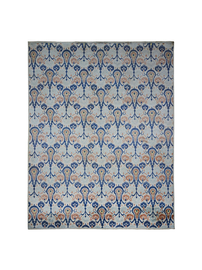 Allegra Ivory, Blue and Light Brown Transitional Ikat Pure Silk Handknotted Area Rug