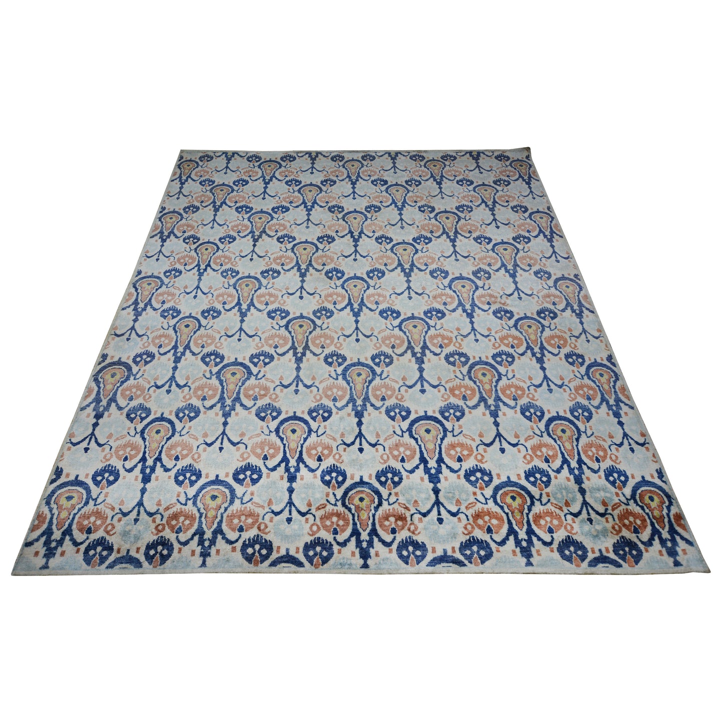 Allegra Ivory, Blue and Light Brown Transitional Ikat Pure Silk Handknotted Area Rug