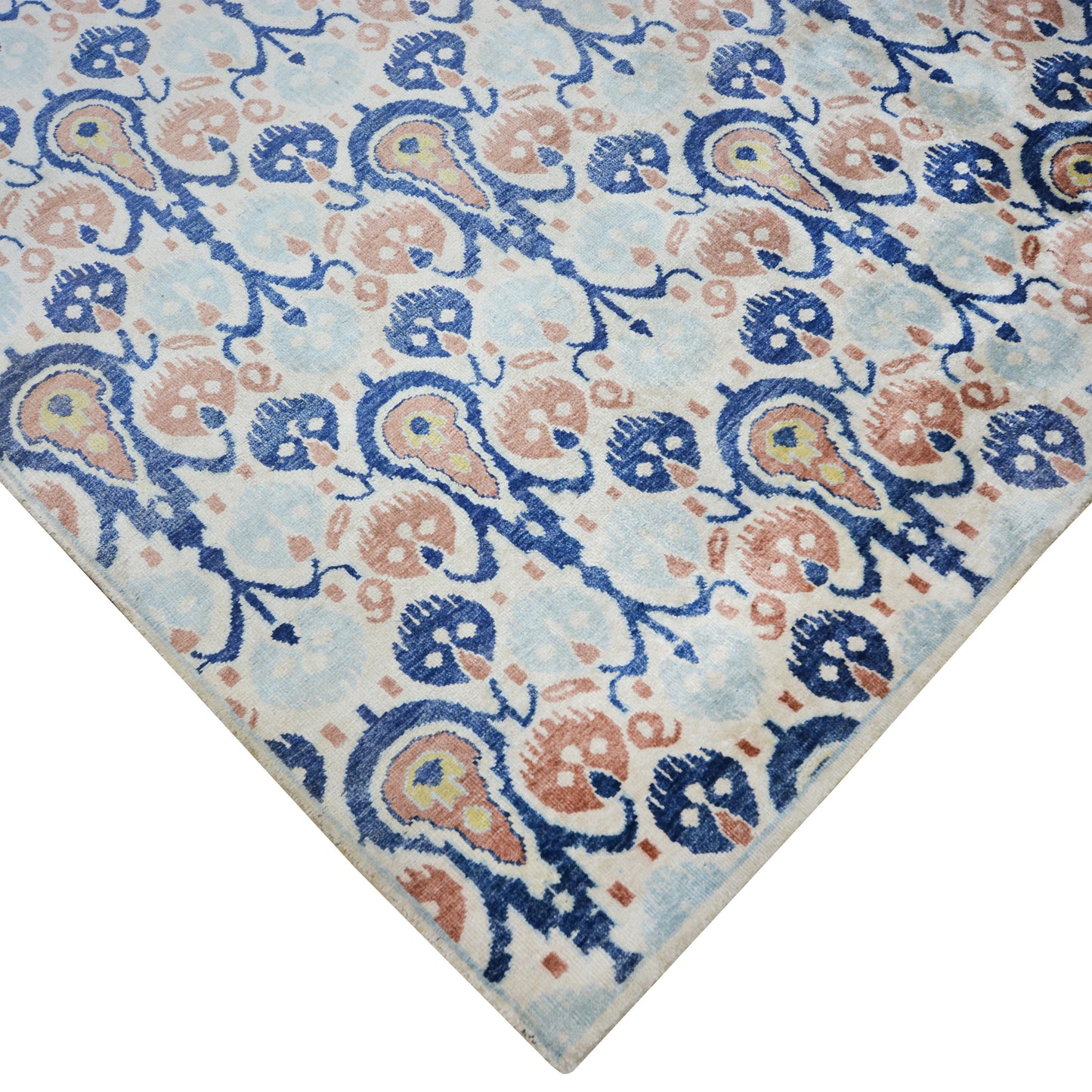 Allegra Ivory, Blue and Light Brown Transitional Ikat Pure Silk Handknotted Area Rug