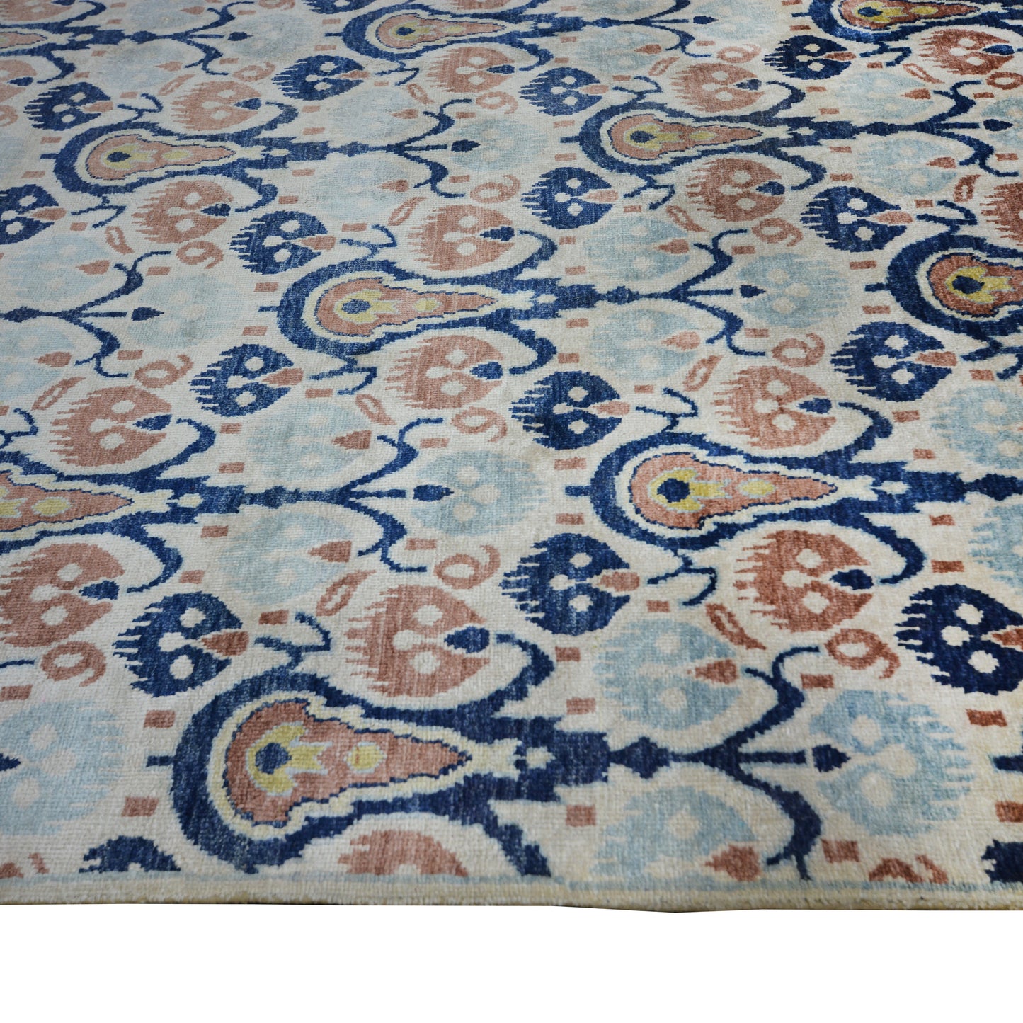 Allegra Ivory, Blue and Light Brown Transitional Ikat Pure Silk Handknotted Area Rug