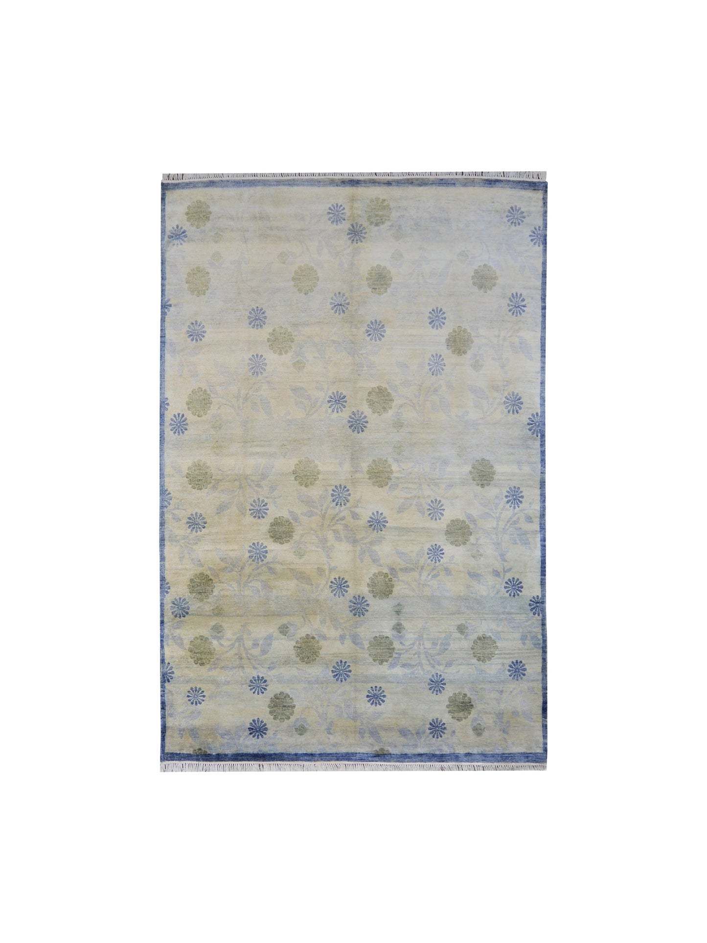 Ivory and Blue Pure Silk Modern Handknotted Area Rug 5.9x8.9ft 174X266Cms