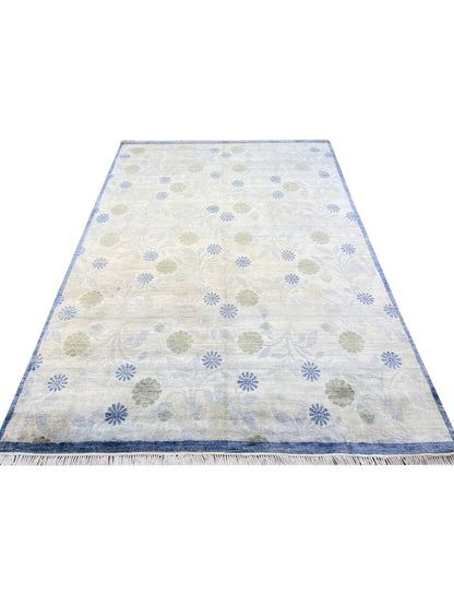 Ivory and Blue Pure Silk Modern Handknotted Area Rug 5.9x8.9ft 174X266Cms