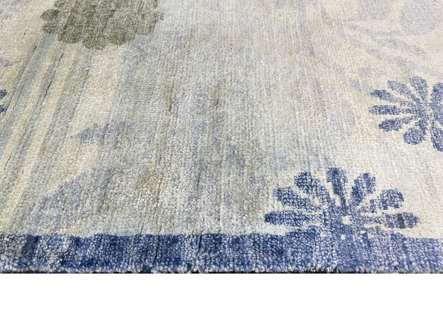 Ivory and Blue Pure Silk Modern Handknotted Area Rug 5.9x8.9ft 174X266Cms