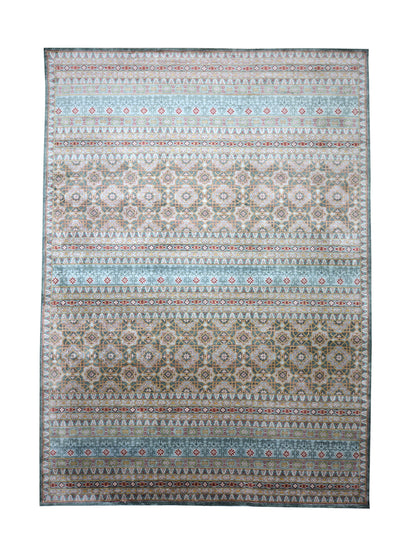 Blue, Grey Pure Silk Transitional Geometrical Handknotted Area Rug