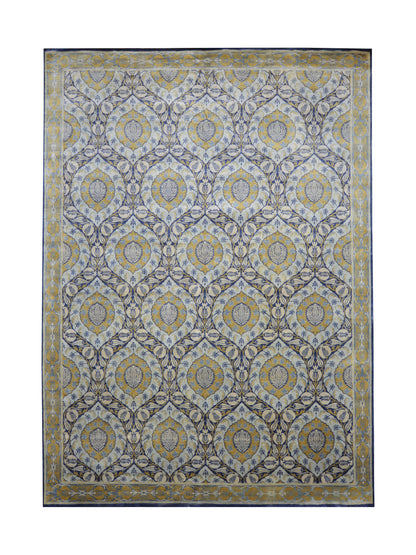 Blue and Camel Pure Silk Traditional Luxury Handknotted Area Rug 8.11x12.5ft 271x377Cms