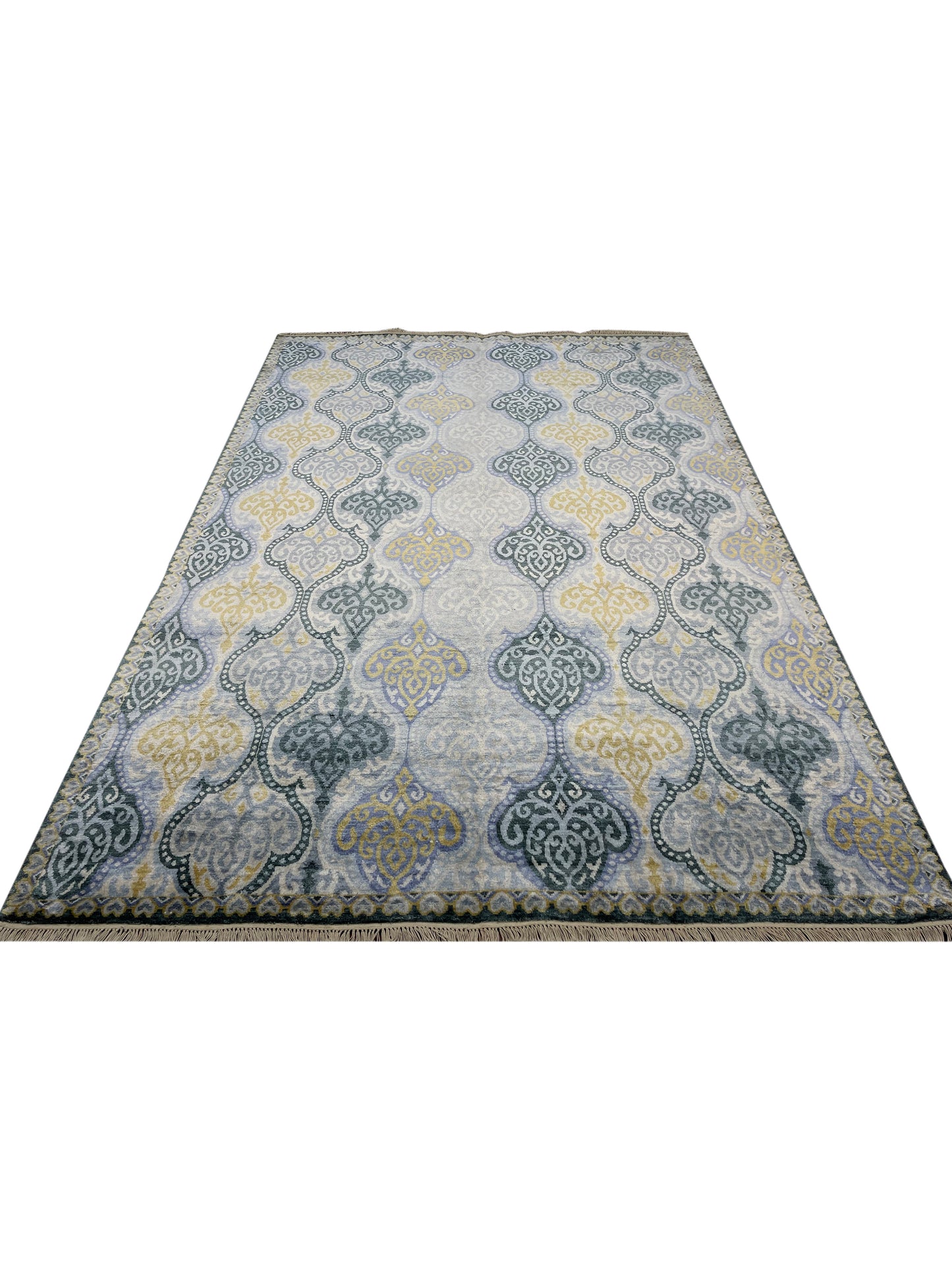 Blue and Ivory Pure Silk Transitional Handknotted Area Rug 5.11x8.10ft 180X268Cms