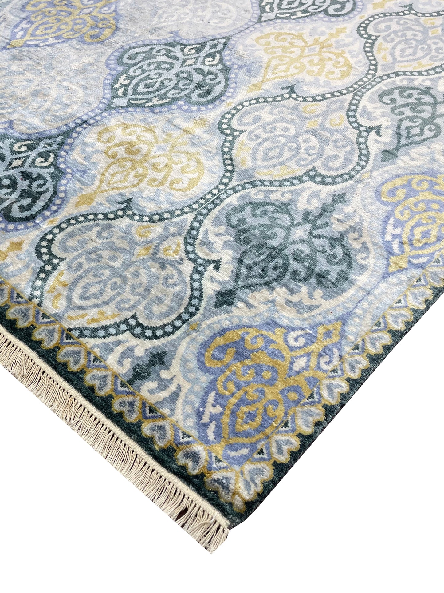 Blue and Ivory Pure Silk Transitional Handknotted Area Rug 5.11x8.10ft 180X268Cms