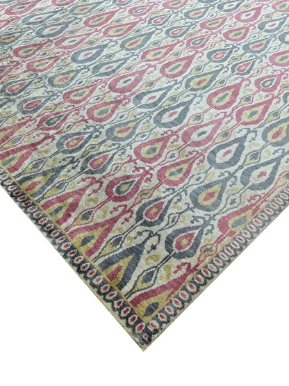 Red and Ivory Pure Silk Transitional Ikat Handknotted Area Rug