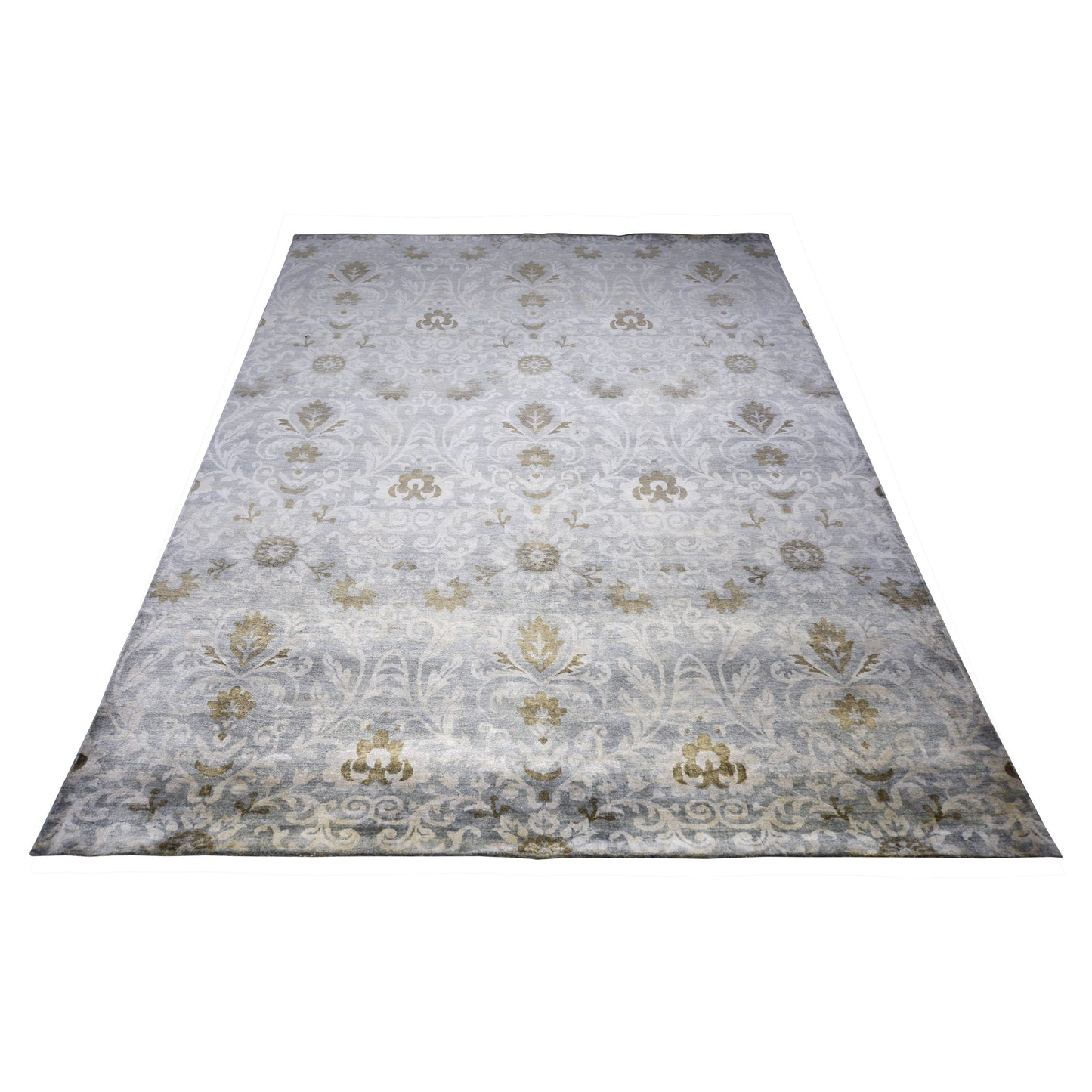 Grey, Camel and Multy Pure Silk Contemporary Damask Handknotted Area Rug