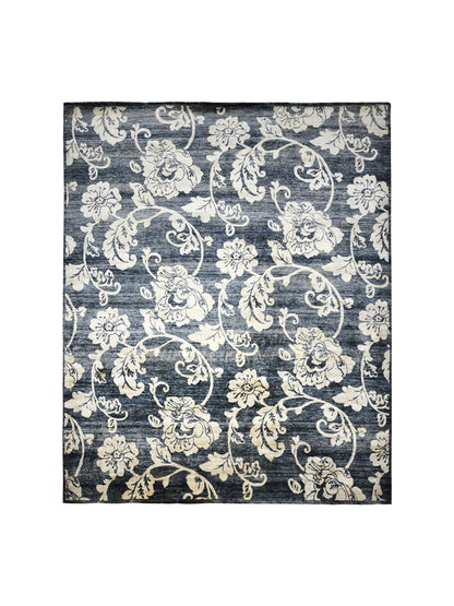 Rose Black, Ivory and Gold Pure Silk Transitional Handknotted Area Rug