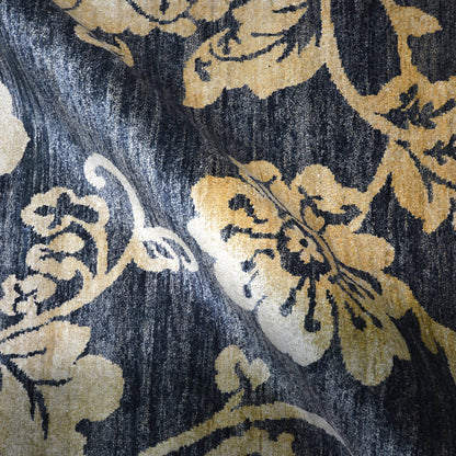 Rose Black, Ivory and Gold Pure Silk Transitional Handknotted Area Rug