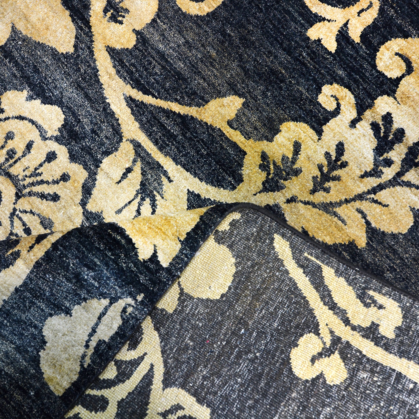 Rose Black, Ivory and Gold Pure Silk Transitional Handknotted Area Rug