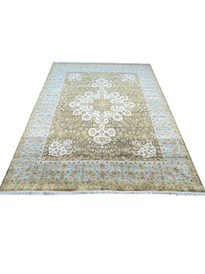 Blue and Ivory Pure Silk Traditional Handknotted Area Rug